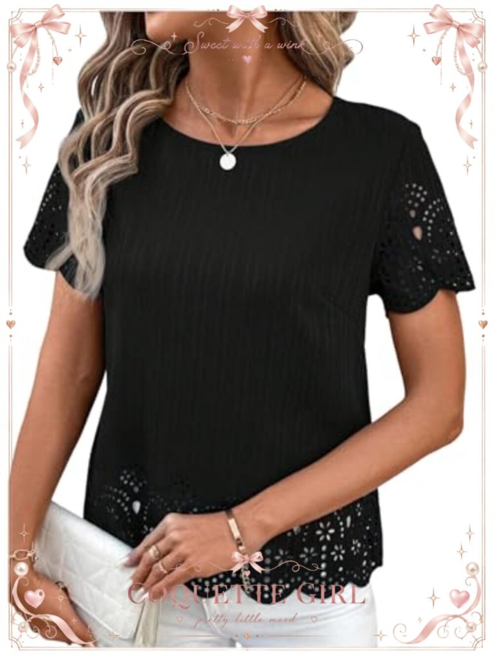 Women's Eyelet Embroidered Crew Neck Short Sleeve Blouse